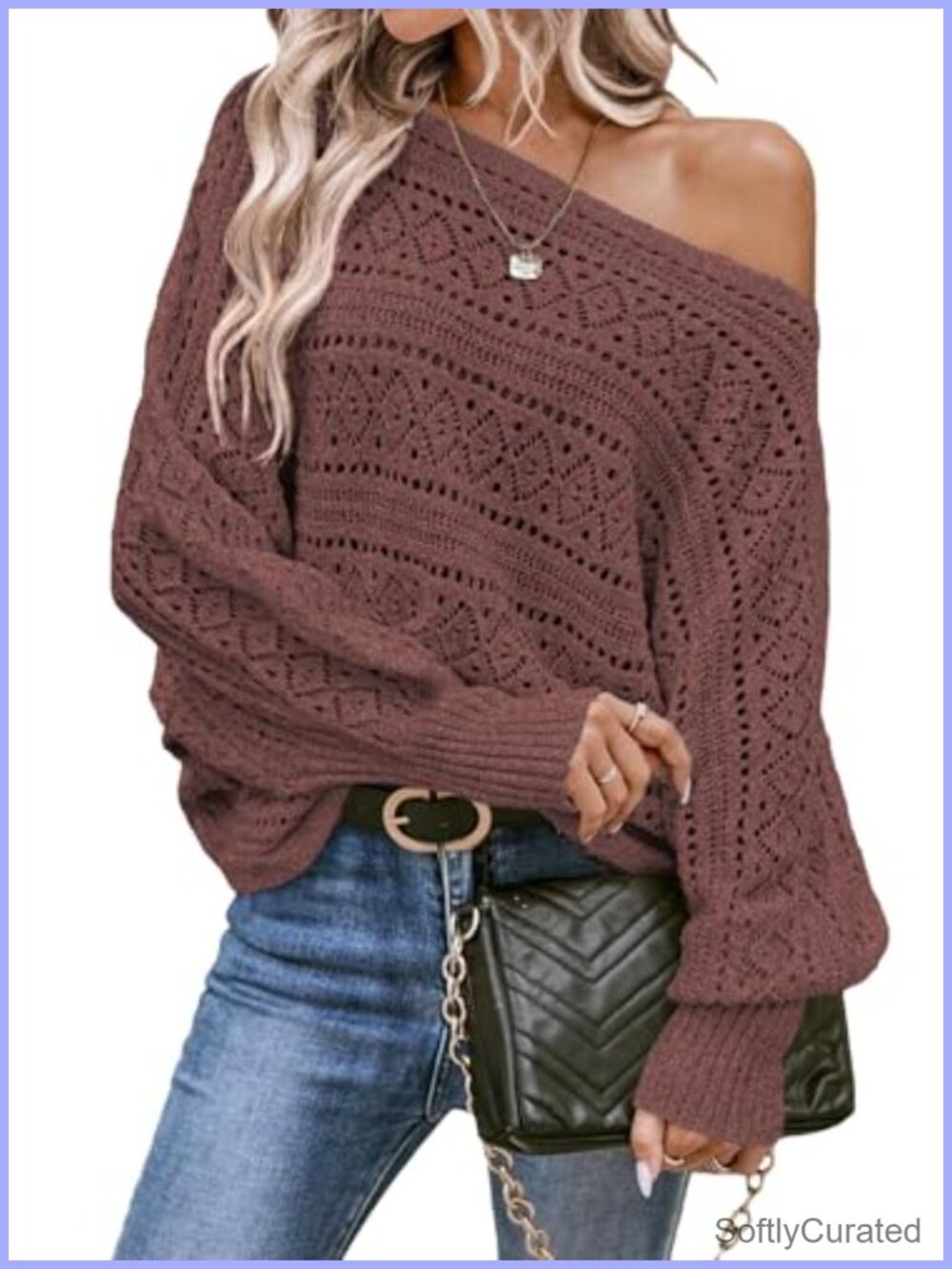 EVALESS Womens Crochet Boat Neck Long Batwing Sleeve Loose Sweaters